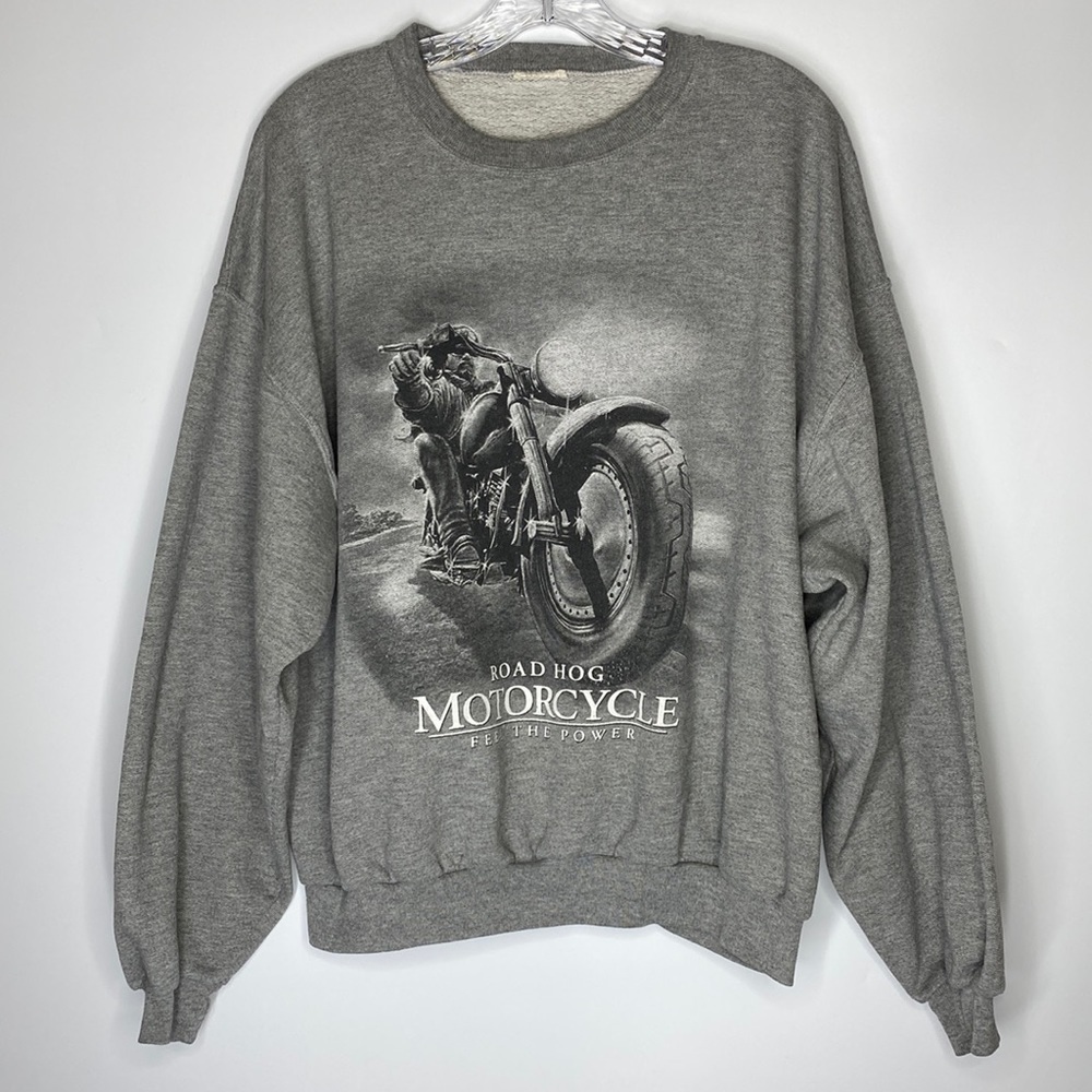 Vintage American Tradition Motorcycle Road Hog Feel The Power Gray Sweatshirt